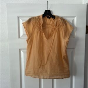 Theory Tan and Brown Flutter Sleeve Blouse with Bib Collar